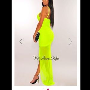 Neon Yellow Mesh Ruched Slit Maxi Dress